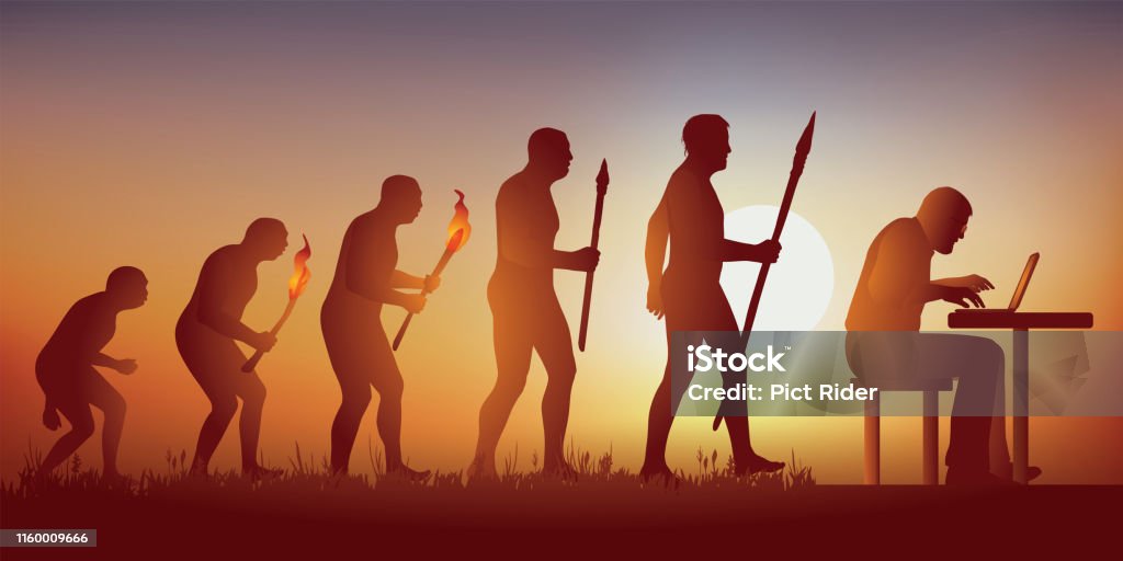 Concept of the computerized world and social networks with the symbol of Darwin showing the evolution from primitive man to modern man, who no longer leaves his screen.